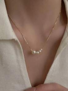 Kalung Rantai Mutiara, Rantai Tulang Selangka Elegan Minimalis untuk Wanita Lembut, Aksesori Kalung Kreatif dan Chic - Emas - View 2