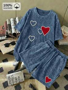 Conjunto mujer 100% algodón, estilo acid wash, camiseta de manga corta y shorts con ajuste de cordón y ESTAMPADO corazon imitación perla. - Azul Marino - Ver 1