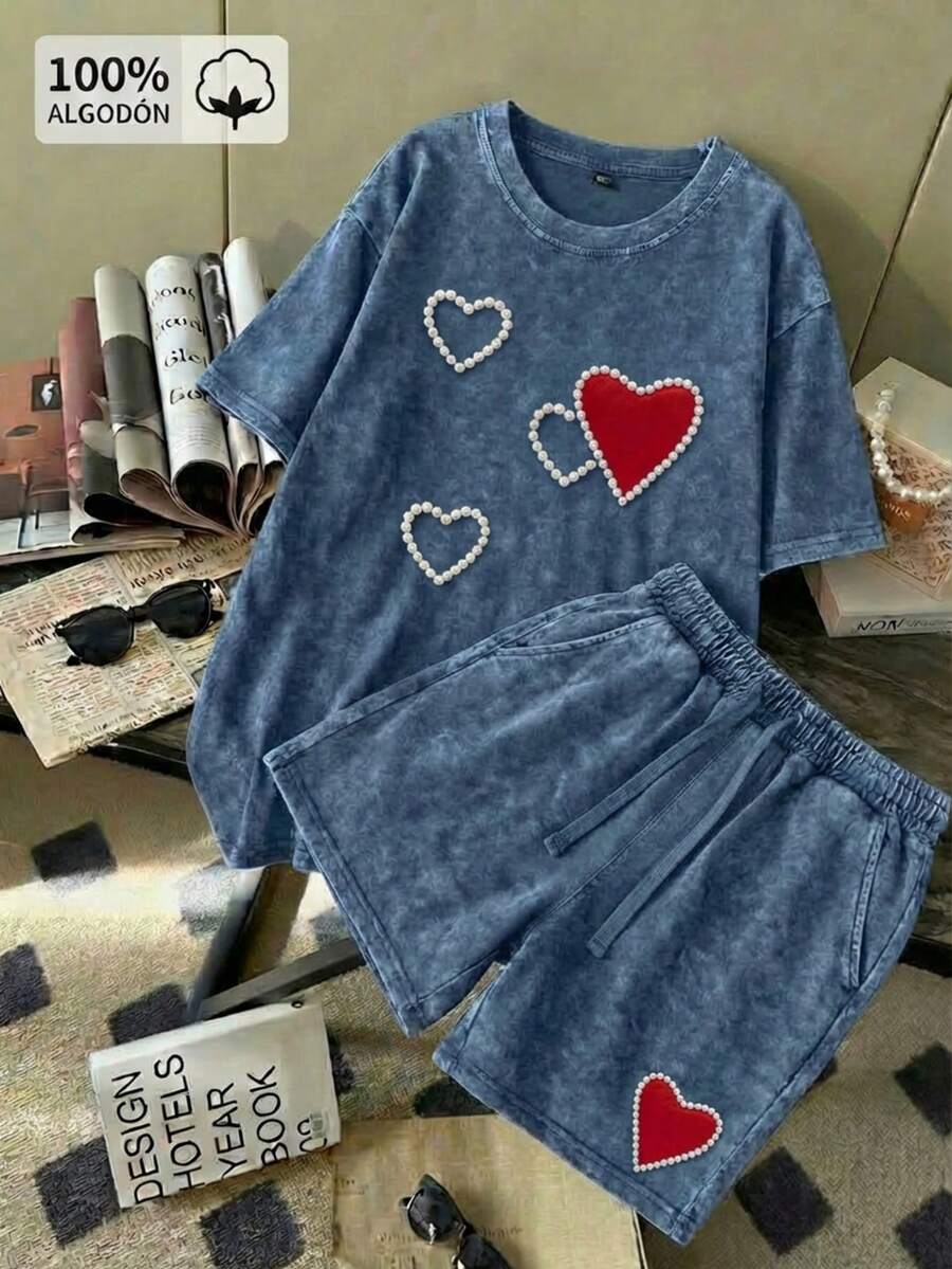 Conjunto mujer 100% algodón, estilo acid wash, camiseta de manga corta y shorts con ajuste de cordón y ESTAMPADO corazon imitación perla. - Azul Marino - Ver 1