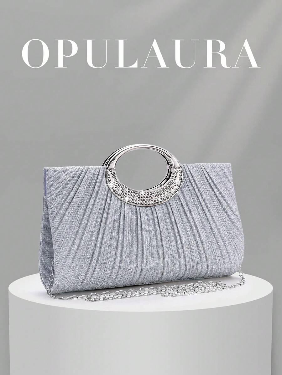 Bolso de mano de noche con cristales brillantes de OpulAura, diseño elegante plisado con brillo y correa de cadena metálica, bolso de fiesta brillante y glamoroso para mujeres, novias, que combina perfectamente con atuendos y vestidos de fiesta para Año Nuevo, adecuado para baile de graduación, boda y eventos de gala - Plateado - Ver 1