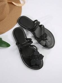 Sandálias Rasteiras Florais Casuais para Uso Externo, Sapatos Confortáveis de Praia para Uso Casual no Verão - Preto - Visão 5