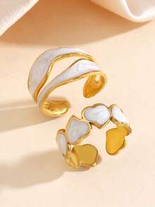 两枚18K镀金不锈钢白色珐琅心形戒指套装，约会和节日礼物的理想之选 - 彩色 - 查看 5