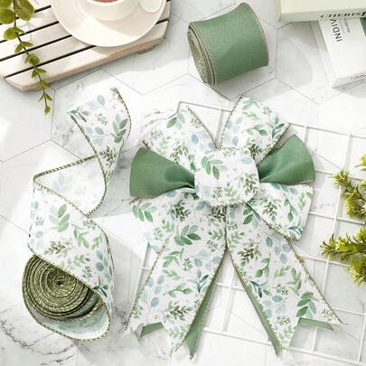 2 Rolls Of Green Plant Wired Edge Ribbon, Size 10 Green Eucalyptus Leaf Fabric Craft Ribbon Suitable For Spring Baby Baptism, Wedding Gift Packaging, Flower Garland, Bow DIY Crafts
