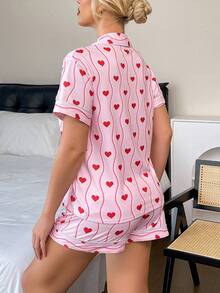 2pcs Pink Heart & Wave Print Women Pajama Set, Short Sleeve Lapel Button Top & Elastic Waist Shorts, Comfortable Knit Casual Loungewear With Pockets, Suitable For All Seasons - Pink - View 4