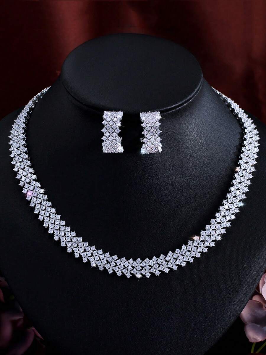 1 Set Shining Round Cubic Zirconia Paved Wide Tennis Choker Necklace And Huggie Hoop Earrings, Silver Plated Wedding Banquet Jewelry Set For Women Brides Bridesmaids Engagement Pageant Party Prom As Gift For Girlfriends