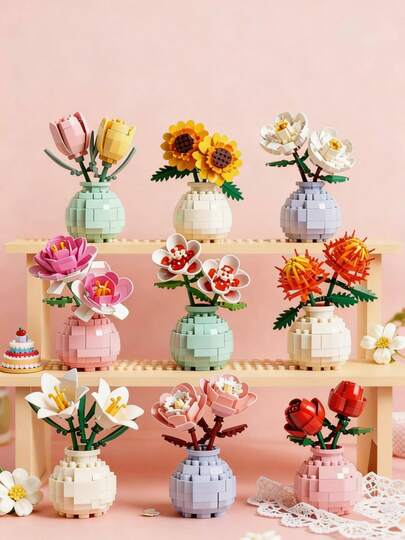 POKOJA LAND 1pc/846pcs Artificial Everlasting Flowers Succulent Plants Handmade Flower Bouquets DIY Lily/Chrysanthemum/Rose/Hibiscus/Peony/Sunflower/Tulip/Gardenia 3D Puzzle Assembly Building Blocks Model Home Decor Desktop Ornaments, Mother's Day/Birthday Gift