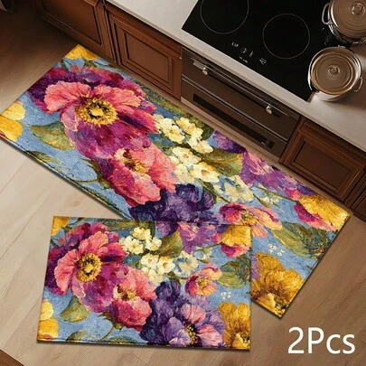 2D Färgglatt Blommigt Mönster Matta, Mjuk & Slitstark Tvättbar Golvmatta För Entré, Veranda, Inomhus - Vardagsrum, Badrum, Sovrum, Spelrum, Tvättstuga, Studentrumsinredning