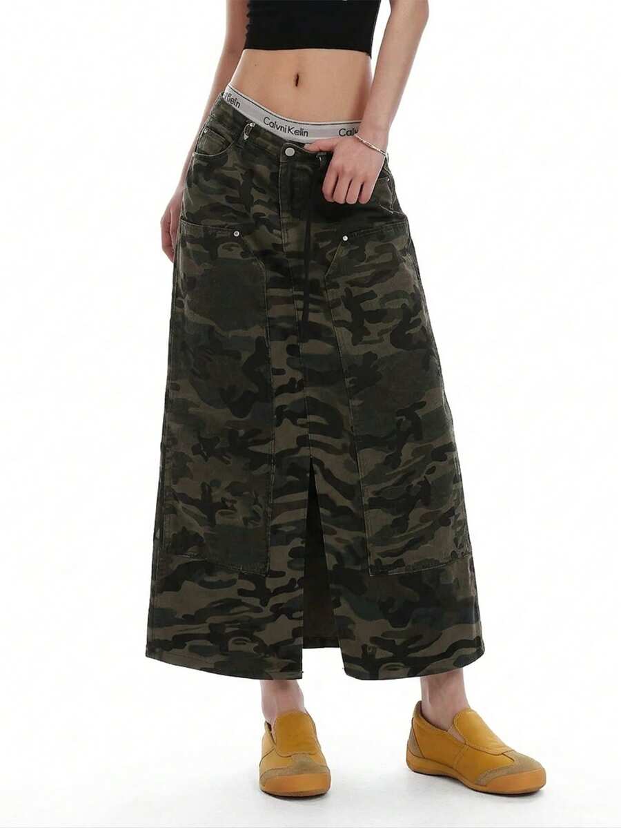 Chân váy denim midi dáng suông, cạp trung, họa tiết rằn ri, xẻ tà, thích hợp cho mùa xuân/hè. - xanh quân đội - Xem 1