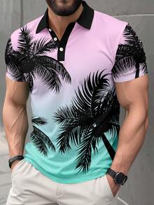 Polo de manga corta con estampado digital de árboles de palma degradado para hombres en verano - Multicolor - Ver 1