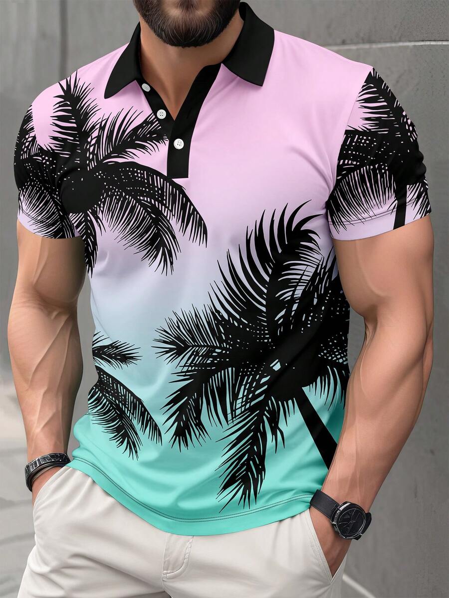 Polo de manga corta con estampado digital de árboles de palma degradado para hombres en verano - Multicolor - Ver 1