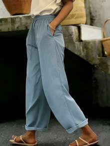 Pantalones casuales y cómodos de unicolor retro, adecuados para primavera/verano, casual de negocios, ropa de playa, ir al trabajo y ocio diario, pantalones anchos y sueltos con bolsillos, nueva colección primavera/verano - Neblina azul - Ver 3