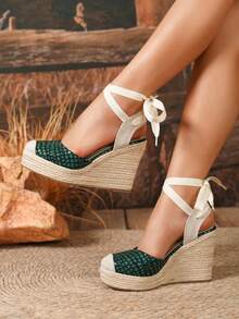 New European And American Style Linen Fisherman Woven Platform Roman Wedge Fashionable Women Sandals - Green - View 2
