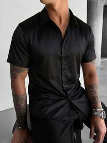 WAIT HIM Men's Satin Short Sleeve Single-Breasted Fashion Shirt - Black - View 2