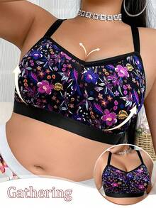 Bra Tanpa Kawat Motif Bunga Patchwork Ukuran Plus untuk Wanita, Bra Olahraga Santai Nyaman dengan Desain Racerback - Hitam - View 4