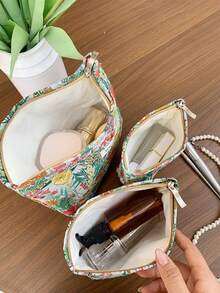 1 PC/Set Pink Green Floral Jacquard Embroidery Women Girl Makeup Pouch Make Up Bag Portable Large Capacity Cosmetic Bag With Zipper,For Travel And Vacation Essentials,For Sanitary Napkins,Keys,Hair Accessories,Charger,Lipsticks,Cosmetics,Perfume,Makeup Brush Holder Organizer Storage Bag,For Skin Care And Beauty Products,For Women,Students,School Girls,For Birthday Gifts,Friends Gift,Holiday Gift - Green - View 11