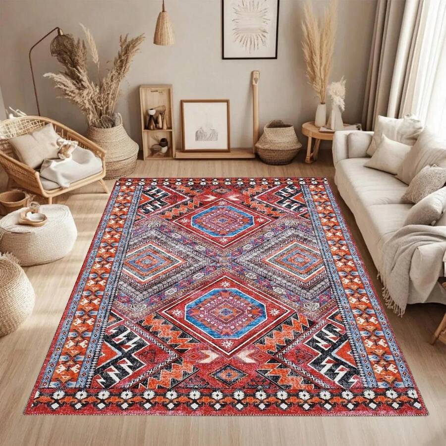 1pc Bohemian Style Vintage Floral Pattern Decorative Rug, Blue & Pink Fresh Flower Design Carpet, Suitable For Living Room, Area Rug, Pad, Home Decor, Large Round Carpet, Washable - Red Violet - View 1