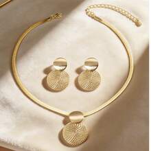 Gold Disc Pendant Necklace Set, Geometric Textured Earrings, Elegant Layered Jewelry - Round Set - View 3