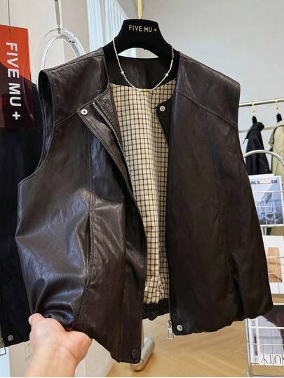 复古硬币图案圆领PU皮背心夹克，女士无袖皮夹克背心上衣，秋季款