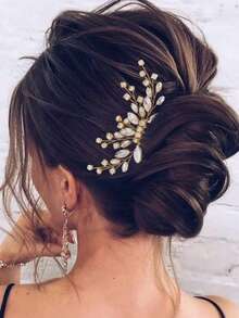 1pc Bridal Alloy Rhinestone Hair Comb, Suitable For Wedding, Party, Gathering - Gold - View 2