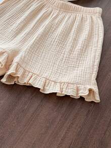 2pcs/Set Girls Cute Toddler Peter Pan Collar Bow Casual Top And Shorts Set, Summer - Apricot - View 8