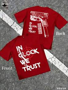 [Printed T-Shirt] Men's "Trust Us" Version B Gun Pattern Slogan T-Shirt ,  Casual Men's Round-Neck Short-Sleeve Cotton T-Shirt For Spring And Summer - 紅色 - 查看 3