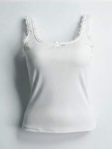 2pcs/Set Women's Sexy Sheer Lace Patchwork Ribbed Camisole Vest - Multicolor - View 7