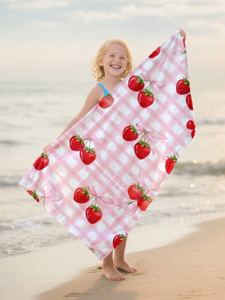 1pc Cherry Pink & White Plaid Children's Beach Towel, Super Soft Microfiber Extra Large Beach Blanket, Super Absorbent Bath Towel, Suitable For Travel, Swimming Pool, Diving, Surfing, Yoga, Camping, Available In Multiple Sizes, Beach Accessories - Multicolor - View 1