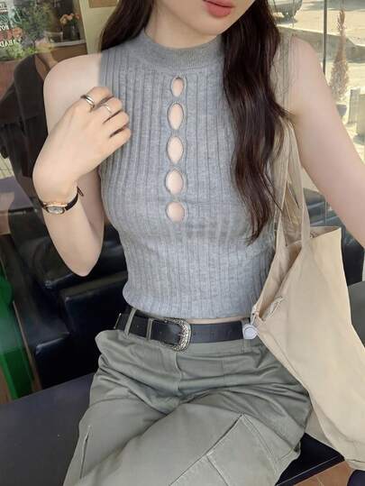 女士镂空露肩背心，性感美式无袖修身针织露脐上衣，夏季必备