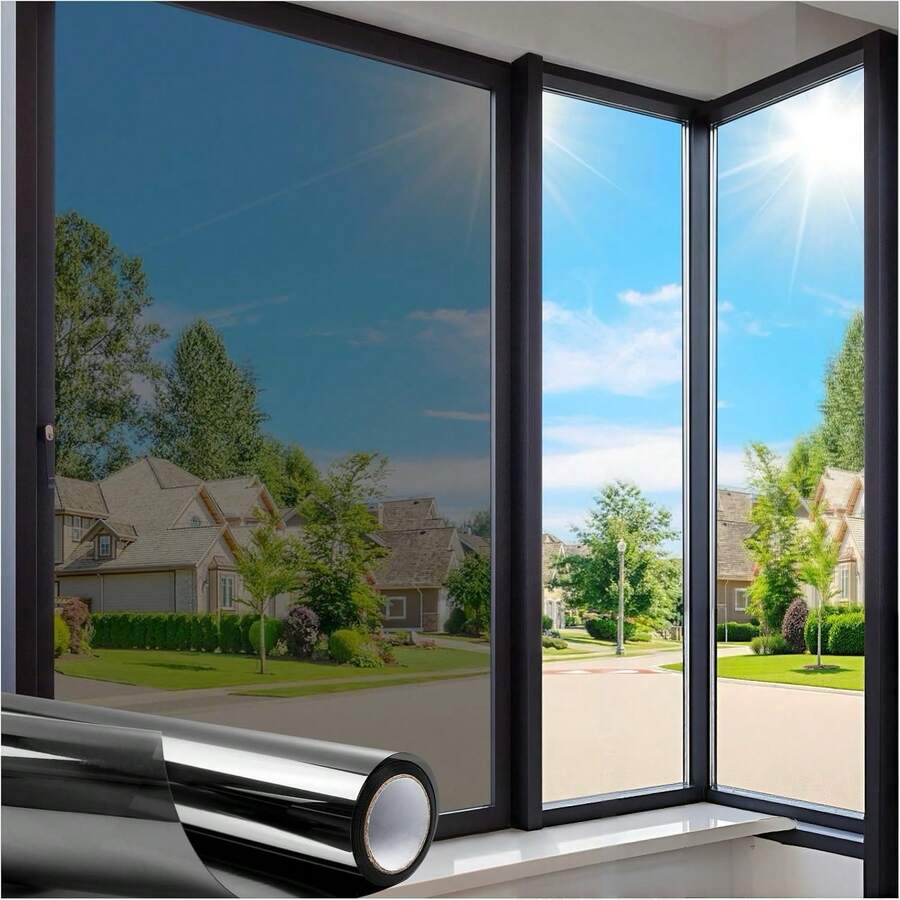 1Roll One Way Privacy Window Film With Tool Window Tint For Home Film See Out Not In Heat Control Sun Blocking Mirror Reflective Anti UV Covering For Home Office - Black and Silver - View 1