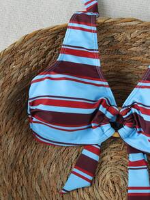 Two Pieces Blue And Red Horizontal Striped Halter-Neck Bikini Set, An Elegant And Casual Swimsuit Set For Summer Beach Vacation Parties - Multicolor - View 4