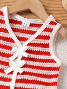 2pcs/Set Young Girls Casual Energetic Red Striped Vest + Shorts Set, Lightweight Summer Outdoor - Red - View 5