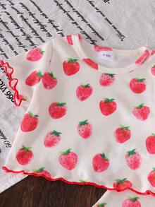 2pcs Baby Girls Cute Strawberry Pattern Short Sleeve T-Shirt + Pants Set, Lightweight Summer Pastoral Style - Apricot - View 5