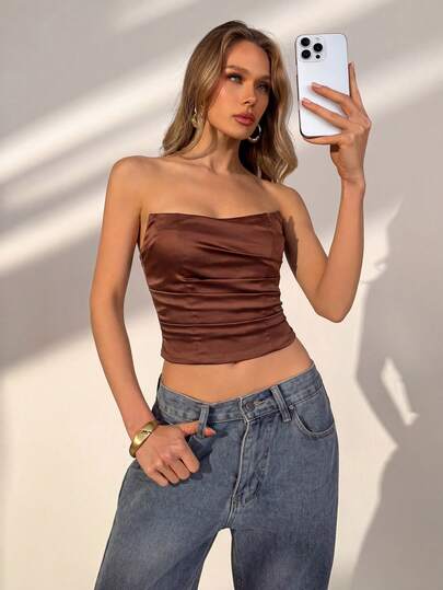 Women's Fashion Strapless Pleated Bust Tie Back Lace Blouse, Fitted Cut, Suitable For Date Night, Casual Vacation, Resort Party, Nightclub, Holiday Events, Outdoor Wear, Solid Color Summer Clothing