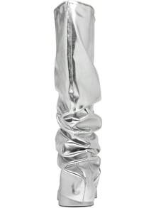 Women's Platform Round Toe Mid Calf Boots With Chunky Heel - Silver - View 6