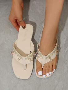 女士夏季新款中国风刺绣人字拖，珍珠吊坠时尚优雅百搭凉鞋 - 杏色 - 查看 5