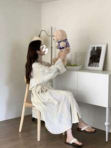 Áo choàng tắm kẻ sọc nhuộm màu kiểu Nhật Bản, đồ ngủ/đồ mặc nhà rộng rãi thoải mái dành cho nữ, thích hợp cho mùa xuân và mùa thu. - Nhiều màu - Xem 3