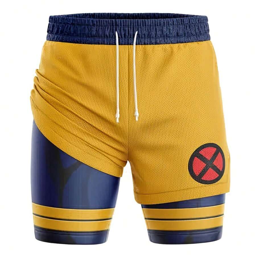 Anime Short Performance Mains Print Performance Shorts Summer Double Layer Beach Cartoon Pants Fitness Training Pant Sports Men's 2 In 1 Compression And Active Drawstring Shorts For Outdoor - Yellow - View 1