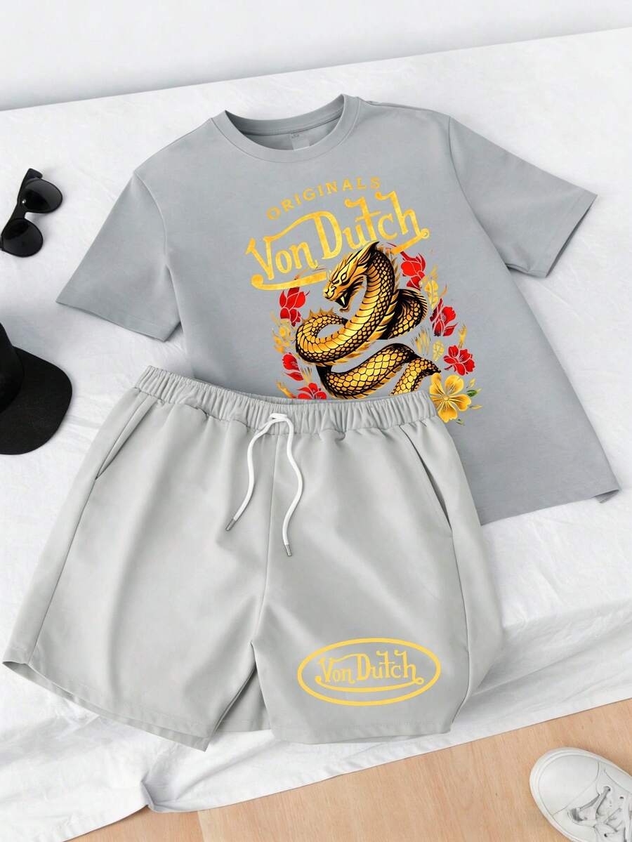 2pcs Men Creative Casual Print T-Shirt & Shorts Set Dragon Floral And Vons Dutch Text Design For Streetwear Soft Fabric Breathable Print T-Shirt & Shorts Set - Xám - Xem 1