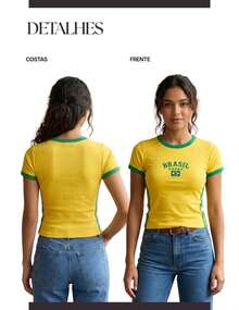 Brazil Women's Yellow T-Shirt, World Cup Ringer Tee Style, Baby Look Slim Fit, 100% Cotton, 2026 - Yellow - View 6