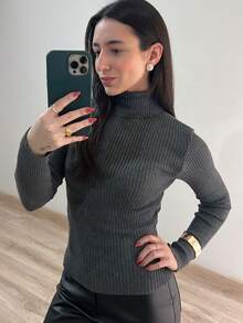 Women's Ribbed Knit Blouse With High Neck And Long Sleeves, Elegant And Simple, Polyester Knit, Home, Beach, And Everyday Wear. - Dark Grey - View 3