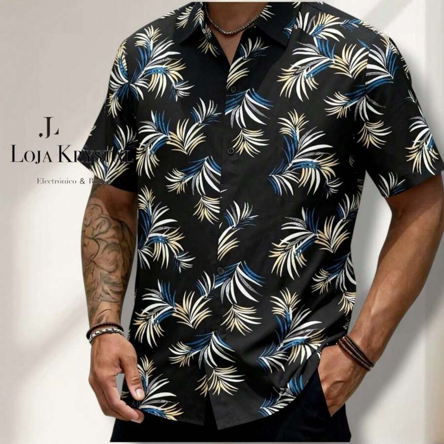 JL Men's Hawaiian Floral Beach Shirt, Short Sleeve, Button-Down, Spring And Summer - Floral 27 - 查看 1