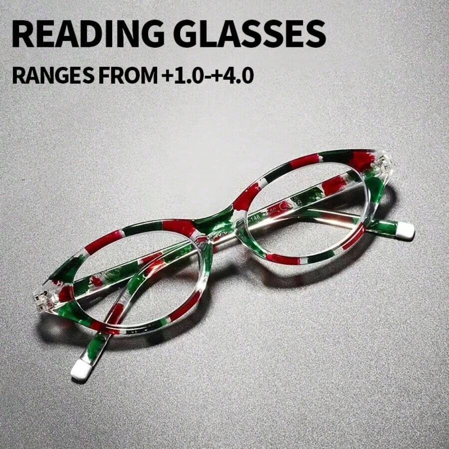 A Pair Of Red And Green Women's Oval Reading Glasses With Lightweight Frame Artistic Fashion Glasses For Holiday Gifts - Red and Green Frame - View 1