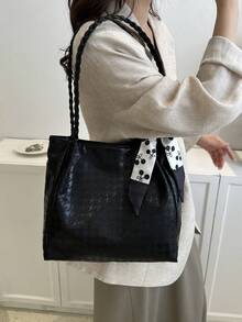 Versatile Casual Silk Scarf Decor Minimalist Solid Color Small Tote Bag For Commuting - Black - View 4