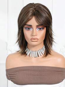12 Inch Deep Brown Highlight Layered Short Wavy Wig, Textured Women's Wig, Deep Brown Hair, Short Wig, Layered Wig, Everyday Wig, Office Wig, Street Wig, Date Wig, Women's Hair, Suitable For Teenage Girls And Young Adults - Màu nâu highlight - Xem 3