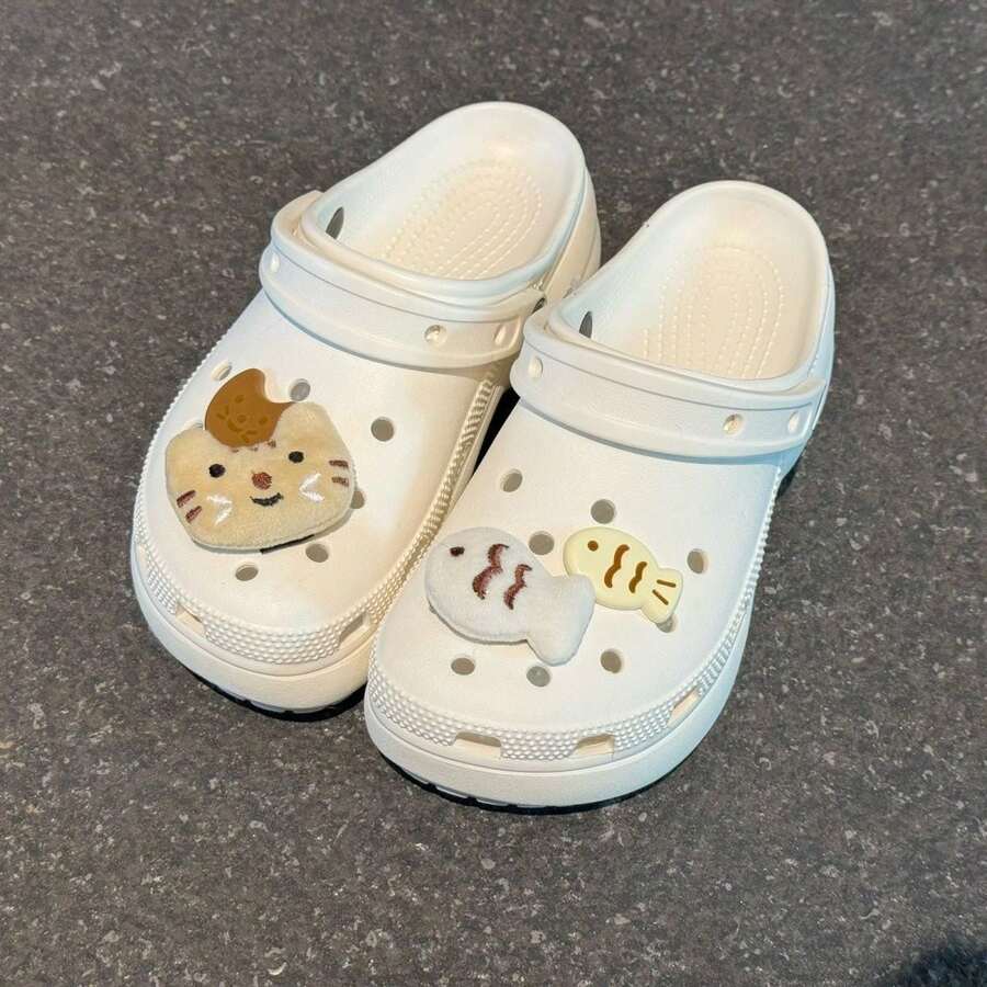 Plush Cat & Resin Fish Shoe Charms, Kawaii Mixed Material Decorations, White DIY Accessories For Women & Girls - Perfect For Hole Punch Shoes, Casual Sandals, Beach & Daily Wear, Ideal Gift For Cat Lovers - Brownish-yellow - View 1