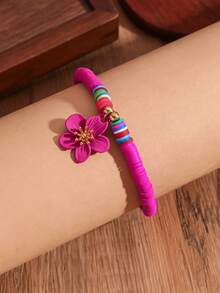 1 pieza Tobillera con colgante de flor de Frangipani con cuentas - Cadena de pie con disco de arcilla de estilo tropical elegante - Accesorio perfecto para la playa para ella - Rosa Fucsia - Ver 3