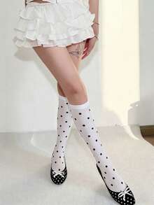 1 Pair Of Spring And Summer Retro Polka Dot Mid-Calf Socks - Multi-Color Classic Polka Dot Leggings - Sweet, Cool, And Bold Girl Style Leg Accessories - 白色中波點 - 查看 7