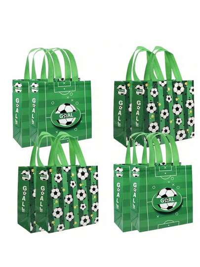Bộ 6 túi quà tặng không dệt chủ đề bóng đá - Những chiếc túi quà đa năng này có tông màu xanh lá cây với hình minh họa quả bóng đá và cúp đen trắng theo phong cách hoạt hình. Chúng phù hợp cho nhiều dịp khác nhau như tiệc sinh nhật, các buổi tụ họp theo chủ đề bóng đá, kỷ niệm, lễ tốt nghiệp, các sự kiện theo chủ đề và tiệc độc thân.