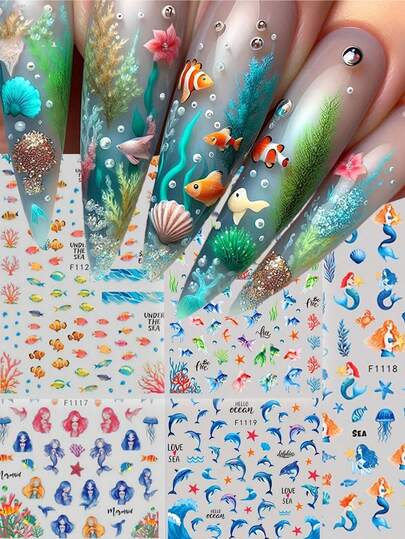 5片装3D海洋海豚金鱼美人鱼美甲贴纸 - 卡通风格自粘美甲贴，包含海藻、热带鱼和水母图案，适合女性夏季DIY美甲装饰