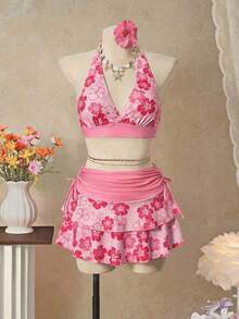 Bellisia 26ss Spring/Summer Vacation Beach Orange Halter Triangle Top & Mini Skirt Bikini 3 Pieces Set , Women's Summer Beach Music Festival Flower Print Skirt Halter Casual Vacation Style Bikini 3-Piece Set, Spring Outfit Women, Skirt Swimwear Set Orange Two Pieces Set Summer Two Pieces Set Summer Skirt And Top Set Vacation Outfits Woman Skirt Set 2000s Dress - 粉色 - 查看 7